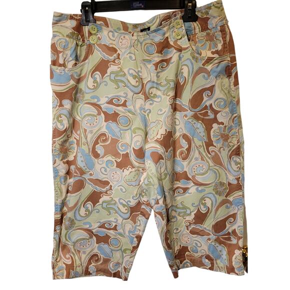 Nicole Miller Capri Pants Paisley Brown Green Cream Button Front Women's Size 18 - Picture 1 of 9